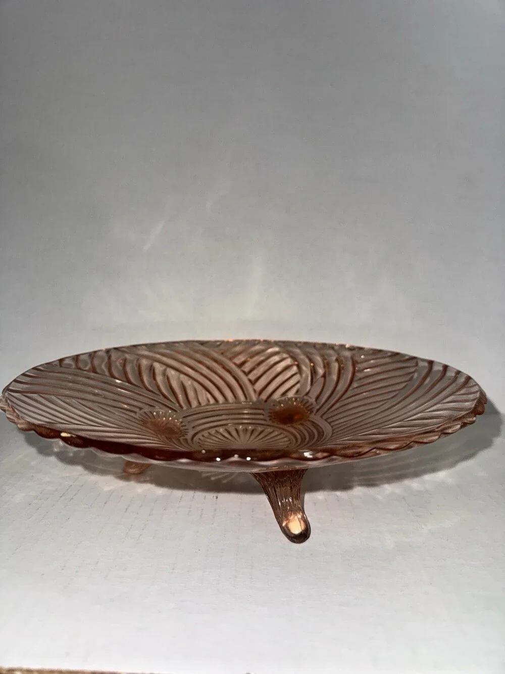 Vintage Pink Depression Glass 3 Footed Swirl Serving Plate 9.5”
